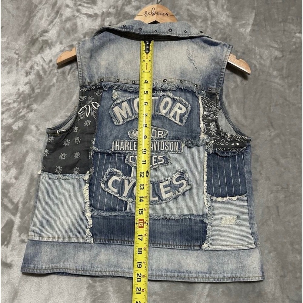 Harley-Davidson Distressed Patchwork Denim Vest Studded Biker Moto Blue Cotton M - Picture 10 of 12